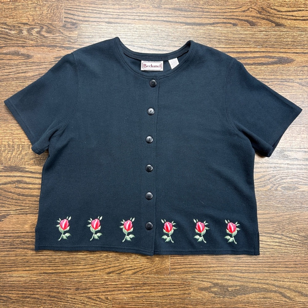Bechamel Vintage Cardigan Sweater Womens Large Black Rose Floral Embroidered